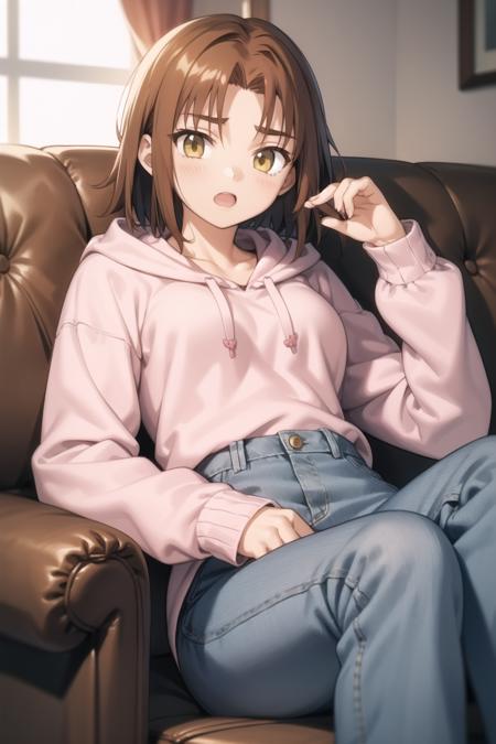 <lora:mitsuzuri-000016:1> mitsuzuri, hoodie, pink hoodie, jeans,
1girl, solo, relaxed, sofa