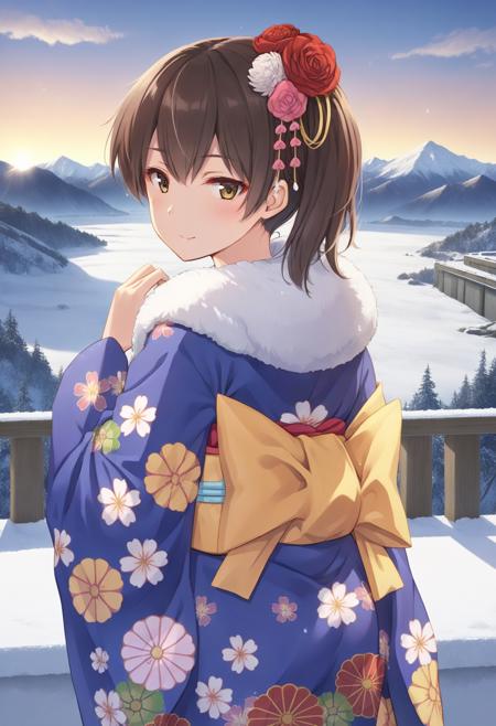 1girl, kaga \(kancolle\), kantai collection, (yuzu modoki), fur trim, blue kimono, print kimono, floral print, long sleeves, wide sleeves, furisode, obi, yellow bow, hair ornament, hair flower, side ponytail, brown eyes, brown hair, light smile, outdoors, sunrise, dawn, mountainous horizon, looking back, snow, natural lighting,  (masterpiece, best quality), outdoors, detailed scenery, (3d render:0.8), highly detailed, finely detailed <lora:kaga_ny_animaginexl_2-14:0.8>