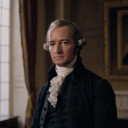 front shot, portrait photo of (( alexander hamilton)) , looks away, natural skin, skin moles, cozy interior, 17th century attire, (cinematic, film grain:1.1)