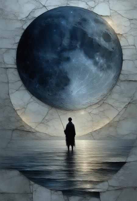 A haunting and evocative depiction of a mysterious figure fishing on a curved surface resembling a crescent moon, rendered in a Cubist stained-glass style, exploring themes of isolation, reflection, and the search for meaning amidst a vast and indifferent universe. The scene explodes into geometric shards, showcasing fragmented perspectives of the figure, the shimmering surface of the crescent moon, and a dark, star-strewn sky that dwarfs the landscape. The palette utilizes deep indigo and charcoal gray for the shadows, vibrant silver and gold to capture the moonâs ethereal glow, and splashes of crimson to symbolize unknown depths. Photorealistic textures of weathered stone, flowing water, and the figureâs worn clothing harmonize with the fractured composition, creating a powerfully symbolic portrait of introspection, resilience, and the enduring human need to connect with something larger than oneself. Ultra detailed, 8k resolution, volumetric lighting, octane render, emphasizing the interplay of light and shadow and evoking a feeling of cosmic melancholy and quiet determination.