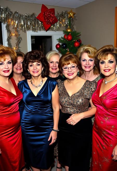 A realistic 1990s-era photograph of a group of middle-aged women at a work Christmas party. The women are dressed in glamorous festive attire typical of the time, including bold colors, velvet dresses, metallic fabrics, sequins, and shoulder pads. Their hairstyles feature iconic 1990s styles, such as voluminous curls, perms, and teased bangs. Makeup includes vibrant lipstick shades, frosted eyeshadow, and defined eyeliner. Each woman looks distinct, showcasing a mix of body types, facial features, and ethnicities. The background is decorated with holiday-themed items like tinsel, fairy lights, and a Christmas tree, suggesting a cheerful, retro office party ambiance. The photo has a slightly aged, grainy quality to emulate being developed in the '90s and preserved over time.