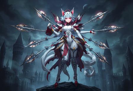 Epic detailed full-body concept art: A white voluptuous  Cat Girl Magician, adorned with red and blue accents, stands tall on a Castle of Dark Illusions background. With a sophisticated design, including multiple arms and legs equipped with Cannonball Spear Shellfish, the Magician is ready for battle. Its dynamic pose, with weapons pointed upwards, exudes a sense of readiness. Despite the intricate design, there's harmony in the way the parts come together, creating a captivating 4k resolution, highly detailed illustration, perfect for CGSociety or Artstation trending on ArtstationHQ.