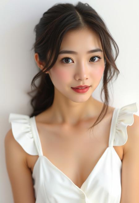 Ukico is  japanese french girl, dark brown eyes,  naturally beautiful, studio natural makeup, white dress, studio photography style, white background,
