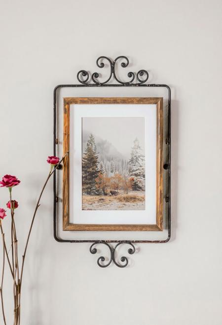 Narrow frame around the picture, iron frame, Scandinavian ornaments,