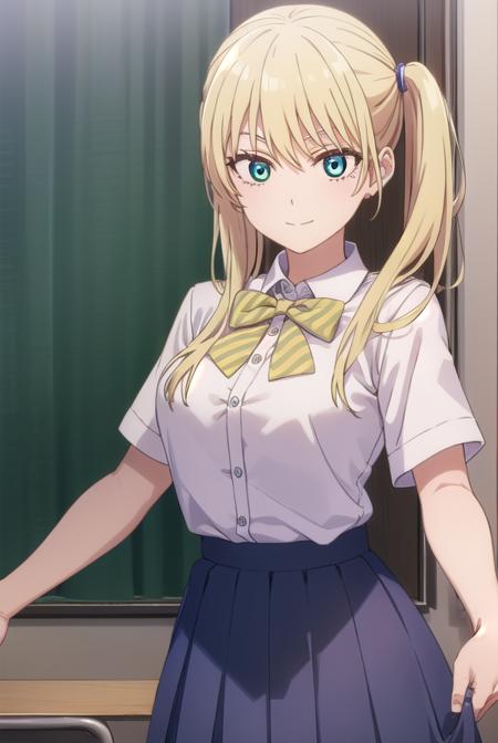 rikahoshizaki, <lora:rika hoshizaki s2-lora-nochekaiser:1>,
rika hoshizaki, (green eyes:1.3), blonde hair, twintails, smile,
BREAK skirt, shirt, bow, school uniform, white shirt, short sleeves, pleated skirt, bowtie, blue skirt,
BREAK indoors, classroom,
BREAK looking at viewer, (cowboy shot:1.5),
BREAK <lyco:GoodHands-beta2:1>, (masterpiece:1.2), best quality, high resolution, unity 8k wallpaper, (illustration:0.8), (beautiful detailed eyes:1.6), extremely detailed face, perfect lighting, extremely detailed CG, (perfect hands, perfect anatomy),