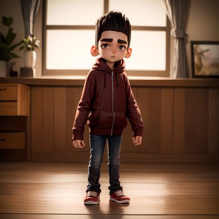 ((masterpiece, best quality)),(complex lighting),1boy,solo, full body, norman, <lora:Paranorman_Norman1-10:0.6>,child,thick eyebrows, hoodie