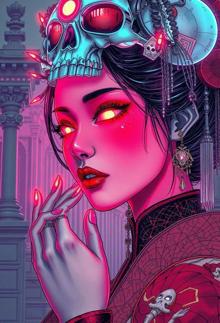 A highly detailed, intricate line-art illustration in the style of Steve McDonald. Detailed hyper realism in the visible body parts (face, hands, legs).
3D rendering, face close-up, CG high model, Elegant [goth geisha] with neon glowing makeup and a holographic skull headdress, in a [red and gold] cyberpunk aesthetic, dark fantasy, anime-style, illuminated by soft neon lighting
, acrylic painting in style Adam Hughes.
The composition features mesmerizing line work, fine architectural detailing in the background, and a play of light and shadow through intricate hatching. The overall aesthetic is serene, introspective, and dreamlike, blending realism with a highly structured, almost meditative pattern-based design.