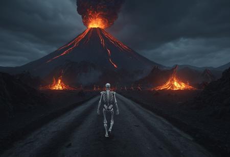 Realism, Cinematic, Realistic, Fantasy, A volcano, Night Time, Dragon flying, skeleton warriors marching on a dirt road toward the volcano 