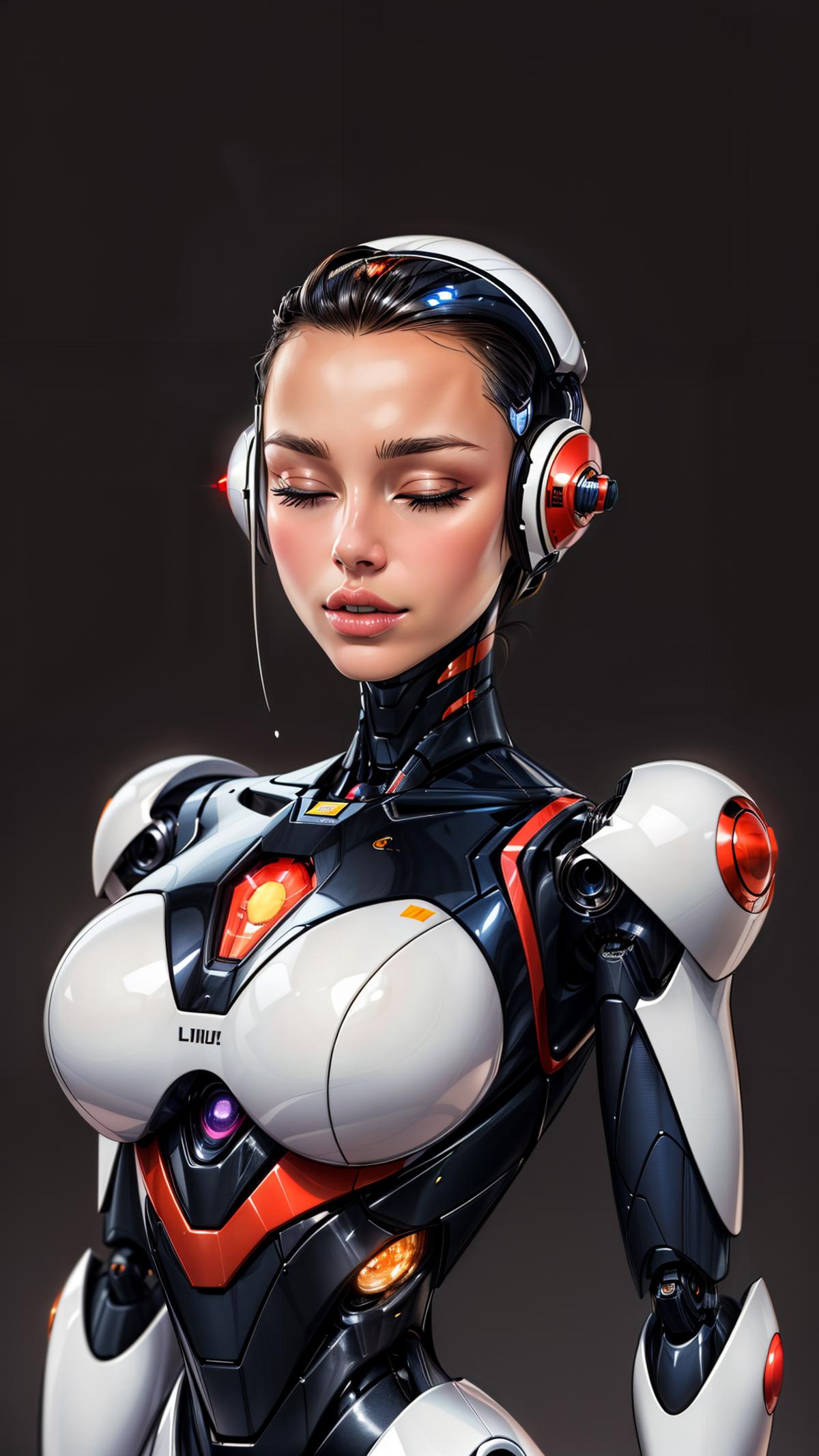 A digital artwork of a woman wearing a futuristic dress with headphones on her ears.