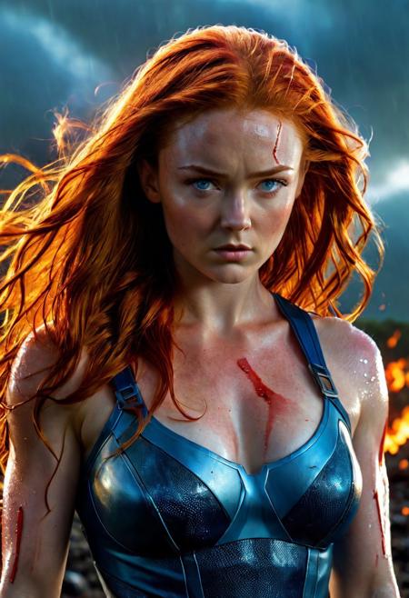 High resolution ultra-realistic of Beautiful burly Jean Grey as Phoenix, 8k, capturing the intensity of the moment, cinematic lighting, standing on a bloody and stormy Battleground in a fighting pose, wavy red hair, realistic bloody dirty pale face, realistic blue eyes, fire, intricately designed kevlar combat costume, red mini skirt, Marvel comics Aesthetic, perfect athletic figure, beautiful Sadie Sink as Jean Grey, fire, ultra realistic, cinematic style, athletic figure, X-Men, dramatic lighting, wet and sweaty skin, dirty skin, athletic figure, MCU, dramatic lighting, Greg Rutkowski style, Jean Grey on in X-Men style superhero costumes, hyper-detailed, hyper-realistic, bright colours, Attractive 25 old years girl, Attractive, beautiful firm Breasts, sharp focus, digital painting, Photograph Taken on Nikon D750, Alphonse Mucha, 8K, athletic figure, Hyperdetailed, hyperrealism, Attractive, Attractive bust girl, asymmetric balance