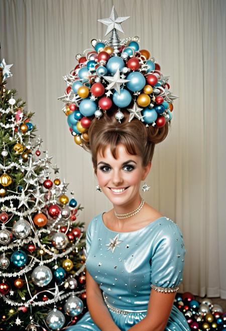 1960's style portrait of a young pretty woman with a massively tall 1960s bouffant made of Christmas decorations. baubles and stars in her hair. Looking at viewer and smiling. she has 1960s makeup and wears a festive outfit. behind her is a kitsch silver artificial Christmas tree. tcc_foundphotos EPbblestyleSDXL