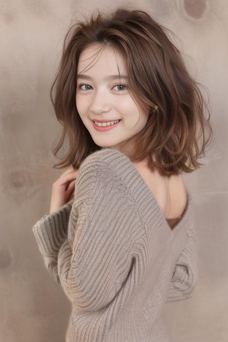 (1girl), (best quality), (masterpiece), (high resolution), (intricate details), (photorealistic), (cinematic light) <lora:short_hair:0.8>
solo, brown hair,  short hair, nape, sweater, blurry, upper body, blurry background, wavy hair, smile,  realistic, looking at viewer, lips, upper body, off shoulder, shirt
white background, nude, upper body, brown eyes, closed mouth