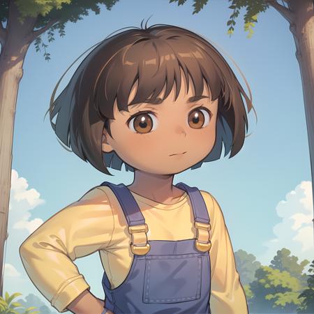 ((masterpiece, best quality)), upper body, solo, dora,  <lora:DoraTheExplorer2:0.6>, brown eyes, dark-skinned female, (tan), bob cut, overalls, yellow shirt, blue sky, forest,