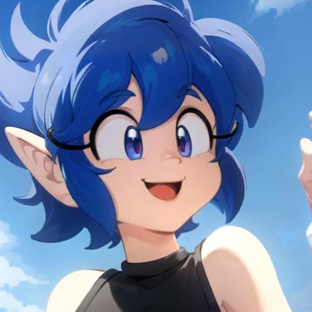 , masterpiece, Highest Quality, Highest Resolution, perfect background, perfect perspective, sharp image, perfect details, perfect lighting, perfect shadows, Perfect lighting, Best background, Emi, blue hair, pointed ears perfect cartoon style, smiling, happy, facing viewer