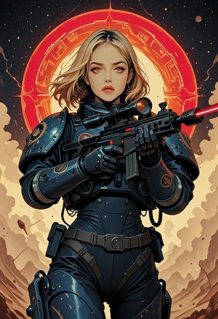 In the style of ff-td, nistyle, Silhouette Art, magnificent, Inkplash art on rice paper, sepia, henna , masterpiece, best quality,high quality, newest, highres,8K,HDR,absurdres, female space marine, loose blonde hair with dark highlights, aiming sniper rifle, aiming at target, red laser sight, power armour, high-tech scope, arid battlefield, focused, determined expression, dynamic pose, cinematic shot, dutch angle