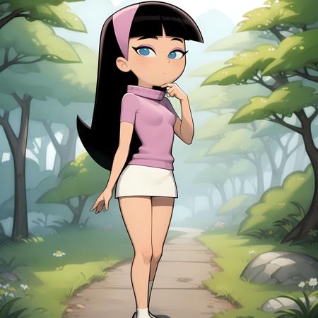 ((masterpiece, best quality)), 1girl, solo, full body, trixie tang, headband, black hair, white miniskirt, pink turtleneck, pink eyeshadow, smooth hair,  <lora:TrixieTang1-v2_0.8+TrixieTang1-10_0.5:0.6>, forest,