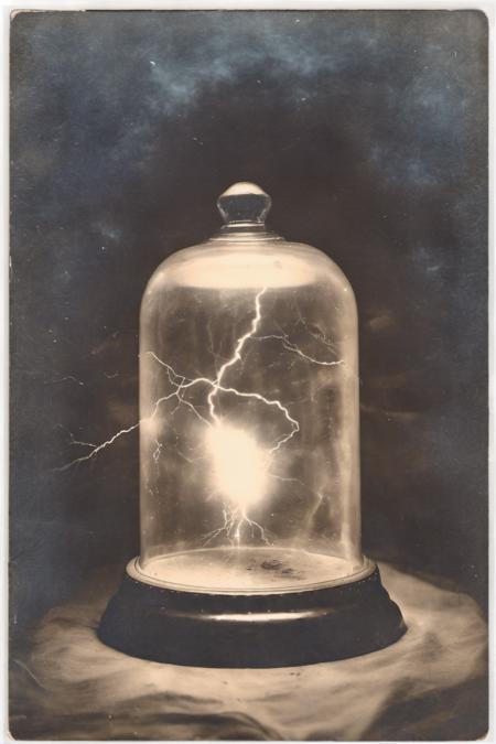 thunderclouds and lightning inside a bell jar, moody, black shadowy background