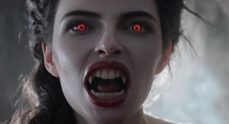 concept art of (Cinematic Film stock footage style) in (arri alexa style) (Kodak film print style), hyperrealism
 <lora:Vampire-000003:1>
a vampire woman with vampire's fangs teeth and a very big open mouth vampire style, digital artwork, illustrative, painterly, matte painting, highly detailed