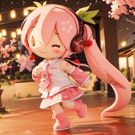 wanju\\\(fufu\\\), sakura miku, cherry hair ornament, solo, necktie, pink hair, star \(sky\), skirt, headphones, twintails, detached sleeves, pink skirt, solid oval eyes, shirt, one eye closed, pink necktie, long hair, hair ornament, starry sky, sleeveless shirt, pink sleeves, food-themed hair ornament, pink footwear, sleeveless, night, white shirt, thighhighs, sky, miniskirt, cherry blossom print, leg up, smile, night sky, boots, full body, pleated skirt