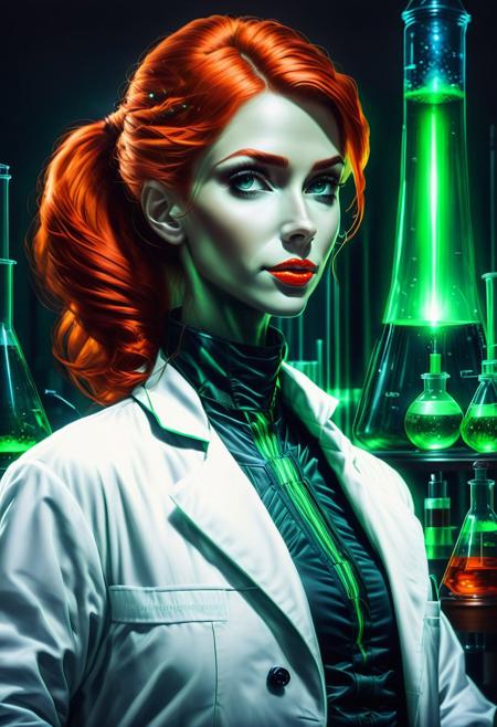 Necron, electricity, green glow, green theme, (red:1.6), (close up:1.6), Stable_Yogis_PDXL_Positives, (Victorian blouse), Realism_Quality_2xx_By_Stable_Yogi, (anatomically correct:1.6), photo, photo_realistic, 1girl, mature_woman, European, 27 years old, parted_lips, choker, seductive smile, sultry, serious stare, stern look, close-up, eye shadow, makeup, milf, mature female, pureerosface_v1, Expressiveh, intricate_details_xl, natural skin, realistic, hands out of view, red lipstick, makeup, long ponytail, streaked hair, Orange hair, black streaks in her hair, long side bangs, black highlights in bangs, thick lips, mega ponytail, big hair, tall, natural blue eyes, high neck closure, fitness body, toned muscles, high cheekbones, solo, (fully dressed:2), high turtle neck, outdoors, (hands hidden:1.7), short sleeves, closed dress, high neck closure, gentle smile, closed mouth, short puffy sleeves, (laboratory:2), big fluffy hair in all directions, add-detail-xl, luna_flex_v4_sdxl_3500_lora_f32, (white lab coat:2), (Becks)