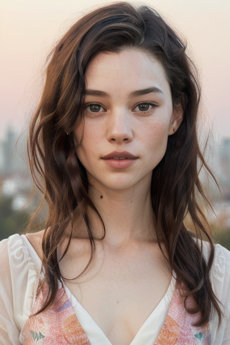 AstridBergesFrisbey, sunset, dusk, hills above Los Angeles, pastel sky, looking at sky, head tilt, pose, floral sundress, in love, loose wavy hair, ((masterpiece, best quality, extremely detailed, perfect face, perfect body:1.2)), smile:1.2, closeup on upper body