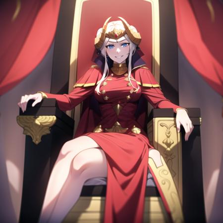 1girl, highres, masterpiece, full body, solo, anime, absurdres, detailed face, perfect eyes, (edelgard emperor), edelgard von hresvelg, (throne), evil smile