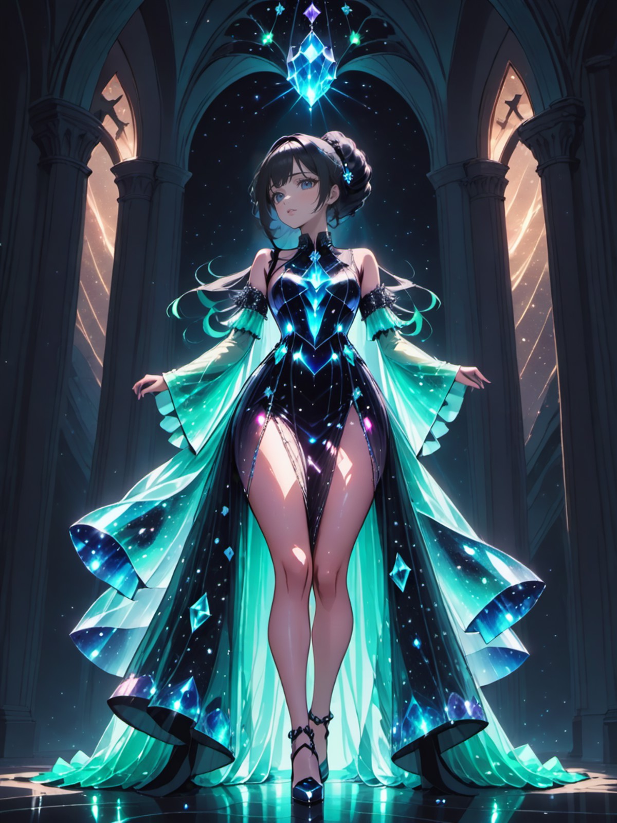 Gothic style a beautiful woman wearing a ((crystalline dress,bioluminescent dress)) Arching in Super-Earth planet, <lora:x...