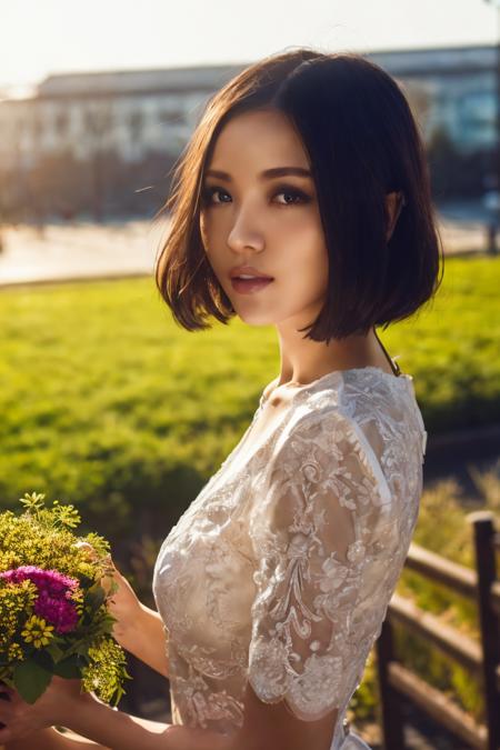 1girl,grass,flowers,Red trench,best quality, masterpiece, Rich in detail,brown hair, intricate, elegant, highly detailed, majestic, digital photography, (masterpiece, sidelighting, finely detailed beautiful eyes: 1.2), hdr, <lora:yaobeina:0.8>