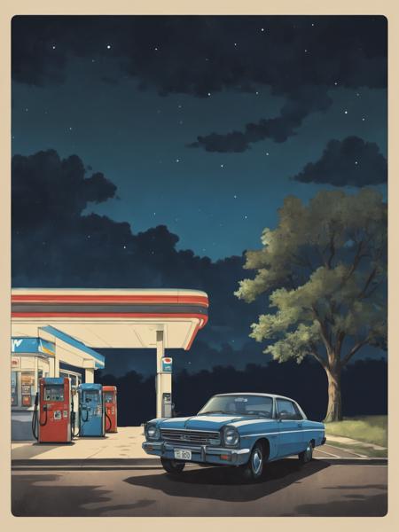 illustration with outline, , outdoors, sky, cloud, tree, blue sky, no humans, window, night, building, night sky, scenery , a car parked in front of a gas station, <lora:Vintage_vibes:1>