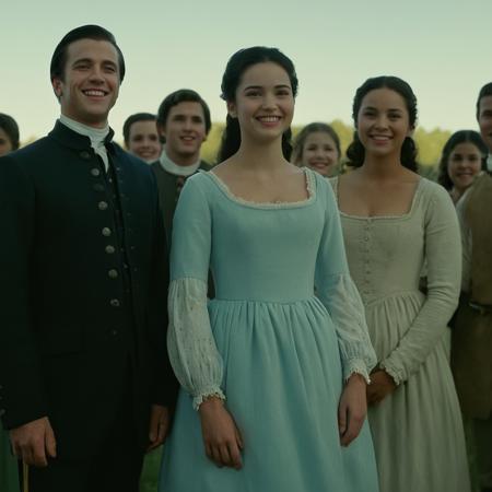 cinematic film still of  <lora:American Revolutionary War style:1>
American Patriot a man and woman standing next to each other,1girl,smile,black hair,long sleeves,dress,multiple boys,grin , American Revolutionary War style, 1812, 1816, shallow depth of field, vignette, highly detailed, high budget, bokeh, cinemascope, moody, epic, gorgeous, film grain, grainy