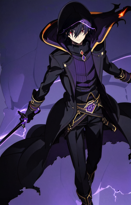 1boy, shadow, red eyes, (shaded face:0.6), black hair, short hair, very long coat,  belt, cape, hood up, gloves, black pants, purple theme, glowing
