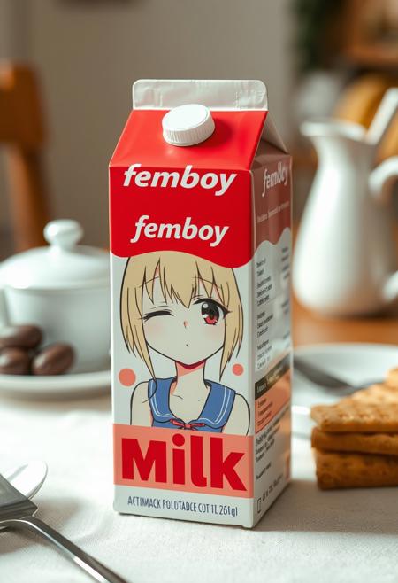 a milk box on a breakfast table. The milk is titled "femboy milk" with a anime girl character blinking her eye