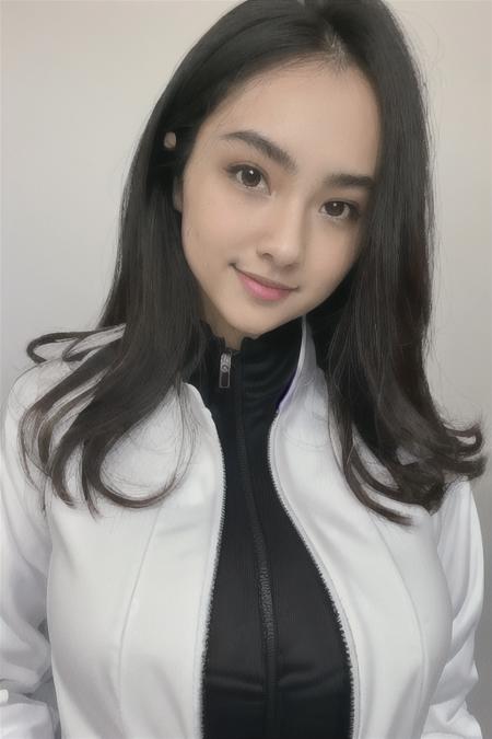 (masterpiece:1.4, best quality:1.4) , 1girl, solo, long hair, looking at viewer, smile, large breast, simple background, brown hair, shirt, black hair, white background, solo, brown eyes, upper body, collared shirt, lips, (realistic:1.4, 4k), labcoat, detailed face and eyes, detailed nose