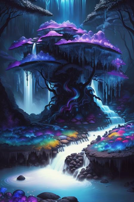 (low contrast ), colorfantasystyle  <lora:color_model:0.5> ((best quality)), ((masterpiece)), ((ultra realistic)), ((night)), award winning soft oil painting trending on artstation of a cascading rainbow waterfall,