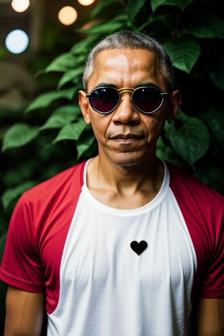 RAW photo, Barack Obama, 8k uhd, dslr, high quality, cinematic lighting, photorealistic, realistic, sport clothes (SpongeBob) , heart shaped sunglasses, rose tattoo on the neck, dimly lit <lora:epi_noiseoffset2:0.9>, low key, serious expression, intricate details,