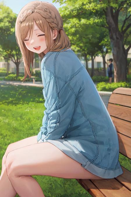 masterpiece, best quality, kinoshitaakane, 1girl, blue shirt, pink dress, female college student, happy, open mouth, upper teeth, bare legs, sitting on bench, from side, black short, open eyes,