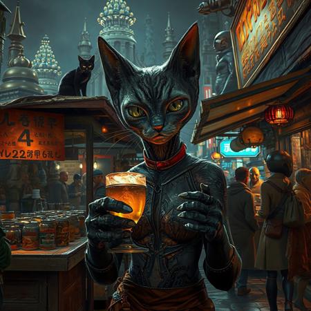 Setting is an extraterrestrial alien street market at night in a city of an extremely advanced extraterrestrial civilization, ((all writing is in an alien script)), ((all lighting is exotic and of an extremely advanced technology.,  the market is comprised of street vendors selling food, exotic technological wonders, and alien clothing. (((The extraterrestrial beings in view have a variety of appearances some are human-like, others are insectoid or feline or canine or reptilian, they are wearing a variety of clothing are walking through the street market shopping and eating))), A black cat with red collar sits on a nearby wooden roof at a market kiosk. Behind the a kiosk counter are containers of exotic goods, (((a beautiful furry alien anthropogenic cat-like being, 24 years old, is standing in the foreground facing the viewer with a glowing metal goblet of beer in her paw/hand. Her eyes are beautiful and focused on the viewer, she has an expression of interested curiosity))), the being is dressed in exotic style clothing of a completely exotic aesthetic. Enormous metallic statues and temples are visible in the background and around the scene and smaller statues are prevalent in the market, Epic image that elicits a feeling of wonder and awe, (((many types of aliens are walking around the market but NO HUMANS)))