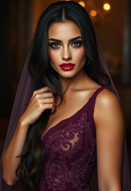 a gorgeous 30 years old middle eastern woman, brown perfect skin, long dark brown hair, arabic eyeliner defines her beautiful big brown eyes, bronze eyeshadow, luscious sensual dark red lips, rouge, perfect curves, veiled lace long dancer dress with fine embroidery, looking at viewer playfully and seductively, professional photo, photorealistic, erotic lightning, high detailed