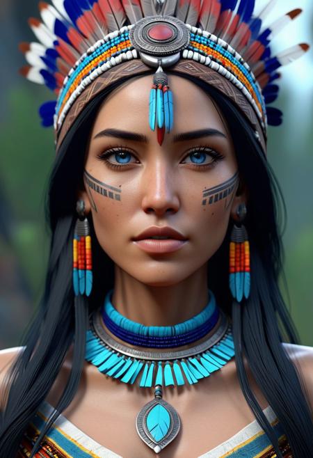 High resolution ultra-realistic of Mysterious beautiful native American with black hair, utra-realistic body, 8k, fantasy style, bright forest, colorful ruins, cinematic lighting, bright colors, sharp focus, dramatic atmosphere, Realistic beautiful blue eyes, female native American, Intricately Designed body covered in traditional outfit, beautiful, Silent Stance, CGSociety, slim body, perfect skinny figure, beautiful perfect detailed pupils, ultra quality, Cinematic Lighting, defiant, 8K, full body, full-figured, full frame, tribal tattoos,