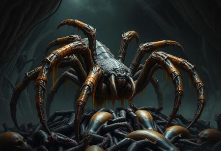 huge gargantuan gigantic putrid wet amber-black predatory clawed scorpion-tarantula monster, crawling, dripping with amber ooze, dark forest cave background, climbing over pile of corpses, horrifying, dark fantasy horror creature design style, photorealistic, perfect proportions, heavy contrast