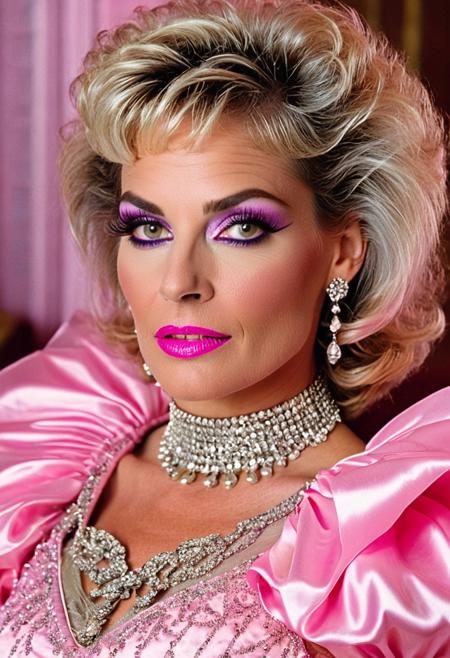 1boy,
A highly detailed best quality photography from the (year 1986:1.5) shows Debra, a slim (mature) American femboy in a contemporary bar room. He leans lasciviously on a stylish chaise longue, half sitting, half lying down and looks at the viewer with a demeaning and arrogant smile on his face. 
The androgynous face of the Sissy with(narrow-set) wide open light grey eyes, (big crucked nose), (wide lower jaw) and an (underbite) is (odd) but tells the interesting story of a live. The aged skin is wrinkled and shows agespots.  The intricate wavy long white hair with (pink highlights) is elaborated. A heavy collar choker adornes the neck. He wears precious jewelry, Creole earrings and bangle bracelets. The stunning and extravagant (1980s style evening dress:1.5) results no cleavage because of a (flat male chest:1.5). The 1980s style decadent and modern furnished room is painted in changing purple and silver colors. Futuristic wall lights create an intimate, subtle lighting atmosphere.