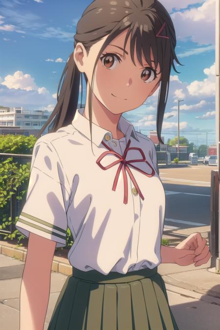 suzumeiwato, <lora:suzume iwato movie-lora-nochekaiser:1>,
suzume iwato, long hair, black hair, hair ornament, (brown eyes:1.5), hairclip, ponytail, smile,
BREAK skirt, shirt, ribbon, school uniform, white shirt, red ribbon, green skirt, long skirt,
BREAK outdoors, sky, day, cloud, sun,
BREAK looking at viewer, (cowboy shot:1.5),
BREAK <lyco:GoodHands-beta2:1>, (masterpiece:1.2), best quality, high resolution, unity 8k wallpaper, (illustration:0.8), (beautiful detailed eyes:1.6), extremely detailed face, perfect lighting, extremely detailed CG, (perfect hands, perfect anatomy),