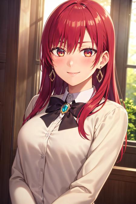 masterpiece, (best quality), 1woman,1girl ,sakisaki,   red hair,  long hair,  red eyes,formal dress, formal clothes, jewerly, earrings, necklace, divine woman,medium breasts, ,sexy woman,smile, hair between eyes, long sleeves,closed clothes, embarrassed,blush,  formal event, vibrant colors ,natural lighting  ,RTX,  , beautiful, (detailed face:1.2), showcase, (perfect eyes:1.1) ,(photorealistic:1.1), 8k uhd,  looking at viewer, indoors,  simple backround, upper body, chandellier, church