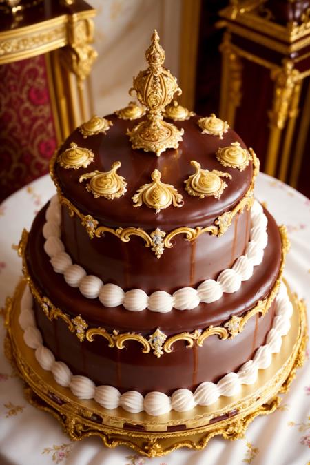 product photography of a ornate chocolate cake sitting on a dining table, bright morning sunlight (Style-Luxury:1.3), (masterpiece:1.2) (photorealistic:1.2) (bokeh) (best quality) (detailed skin:1.3) (intricate details) (8k) (HDR) (analog film) (canon d5) (cinematic lighting) (sharp focus)