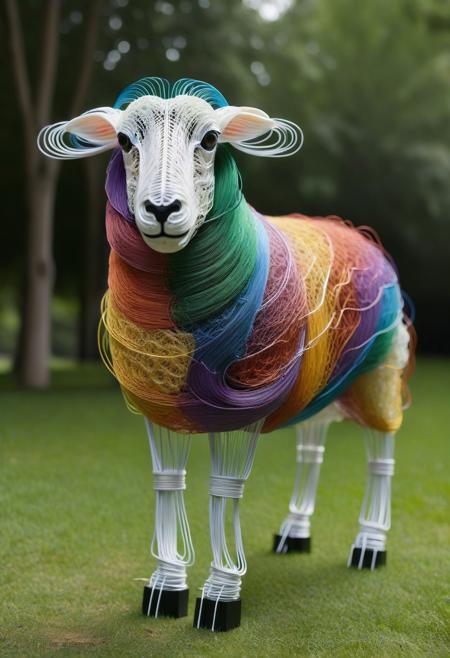 ((full height sheep made of colored wire)), good posture