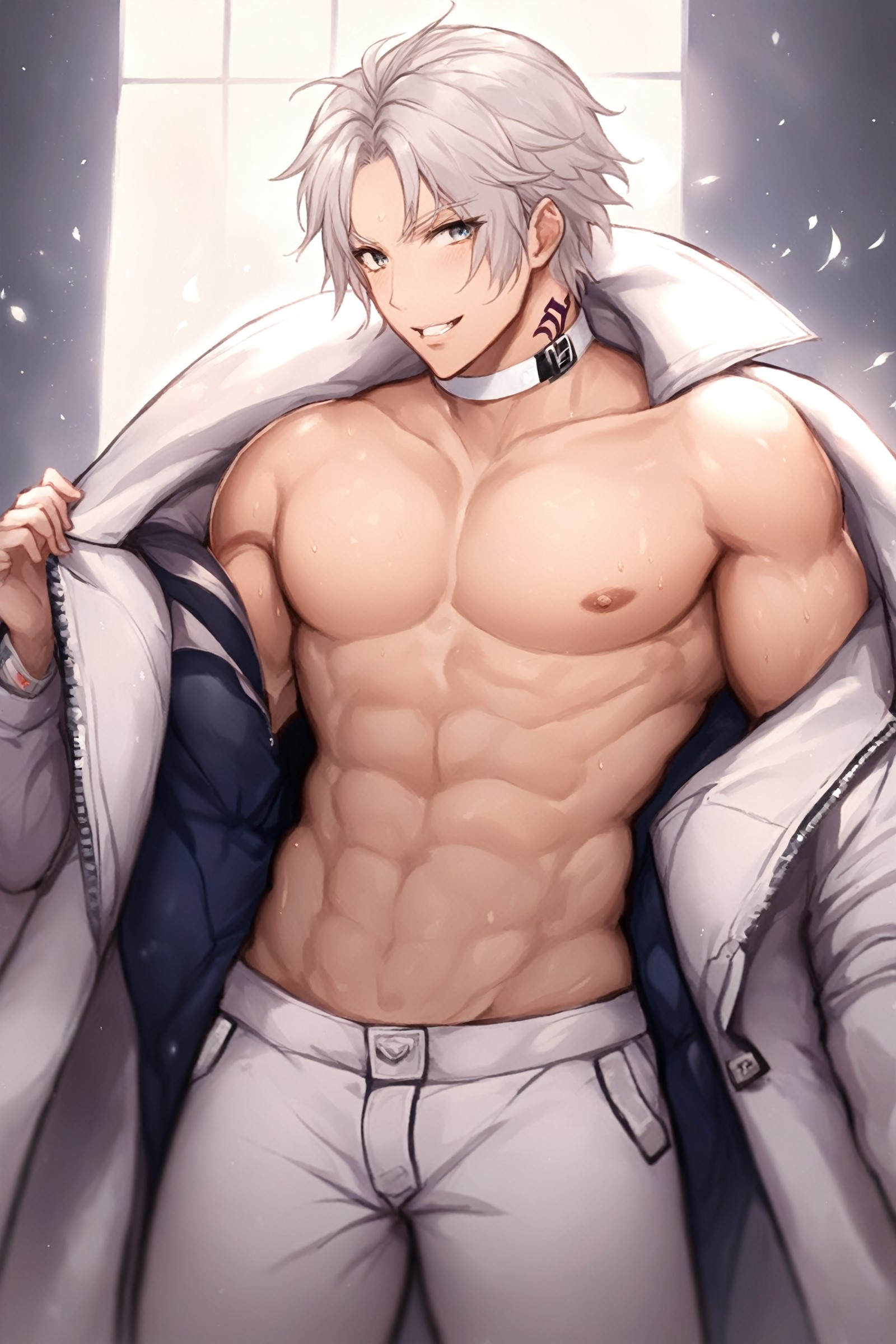 Thancred Waters, looking at viewer,  navel,  closed mouth,  nipples,  jacket,  open clothes,  choker,  pants,  open jacket...