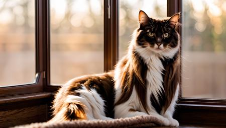 A majestic long-haired cat sitting on a windowsill, bathed in golden sunset light, soft ambient glow, ultra detailed fur, dreamy bokeh background, cinematic lighting, high-resolution 8K, soft focus, pastel tones, tranquil mood, looking outside at falling leaves, realistic eyes reflecting light, cozy autumn interior, elegant composition, DSLR photo quality, depth of field, studio-quality lighting, perfect anatomy, vivid textures, photorealistic, intricate whiskers, high contrast, painterly touches, HDR, wallpaper aesthetic