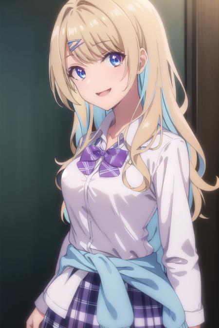 lunashirakawa, <lora:lunashirakawa-lora-nochekaiser:0.8>,
luna shirakawa, long hair, blue eyes, blonde hair, hair ornament, bow, multicolored hair, hairclip, <lora:talkmouth_E_v100:1>, open mouth, smile,
BREAK skirt, shirt, thighhighs, bow, school uniform, white shirt, pleated skirt, shoes, black thighhighs, bowtie, blue skirt, plaid, plaid skirt, loafers, purple bow, clothes around waist, gyaru, purple bowtie,
BREAK looking at viewer,
BREAK indoors, classroom, (cowboy shot:1.5),
BREAK <lyco:GoodHands-beta2:1>, (masterpiece:1.2), best quality, high resolution, unity 8k wallpaper, (illustration:0.8), (beautiful detailed eyes:1.6), extremely detailed face, perfect lighting, extremely detailed CG, (perfect hands, perfect anatomy),