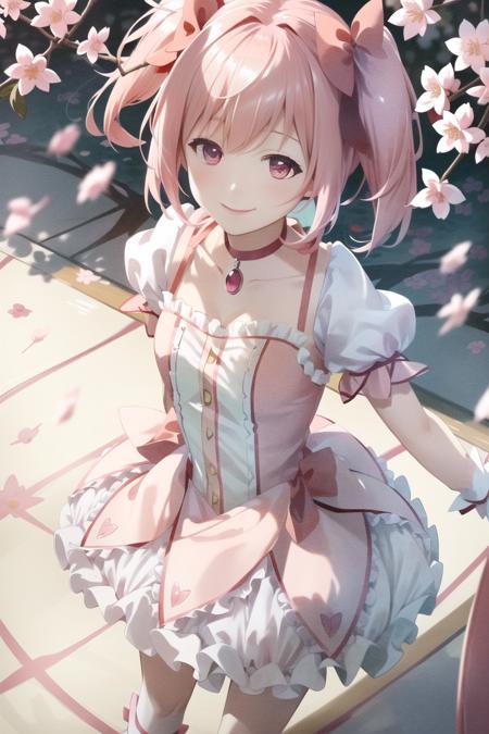 sunshine, windy, cherry blossoms, cherry blossom garden, aesthetic, intricate, sharp focus, best quality, extremely detailed,1girl, solo, cowboy shot, from above, BREAK Madoka Kaname, (detailed shiny_anime_style_eyes), extremely detailed textures, smiling, (standing in a cherry blossom garden), casual pose,  posing <lora:MadokaKaname:1>