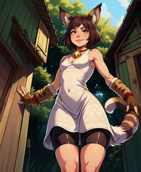 Xiao,long animal ears,short brown hair,tail,brown eyes,smile,
white sleeveless dress with pattern,neck bell,fur fingerless gloves,cleavage,
standing,bike shorts,from below,
small house,green walls,wood,fantasy,
(insanely detailed, beautiful detailed face, masterpiece, beautiful detailed eyes, best quality),solo,<lora:Xiao-10DCv8:0.8>,